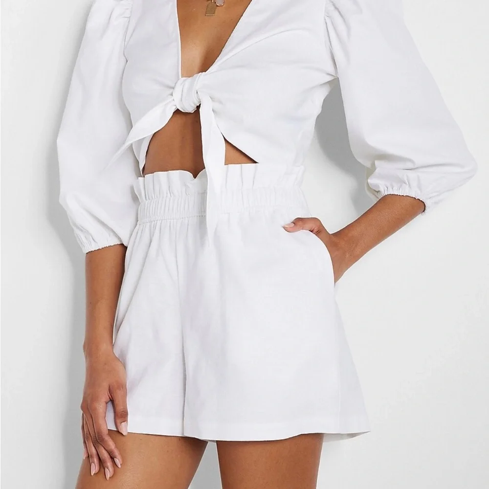 Express Super High Waisted Linen Blend Pull on Paperbag Shorts - Picture 1 of 6